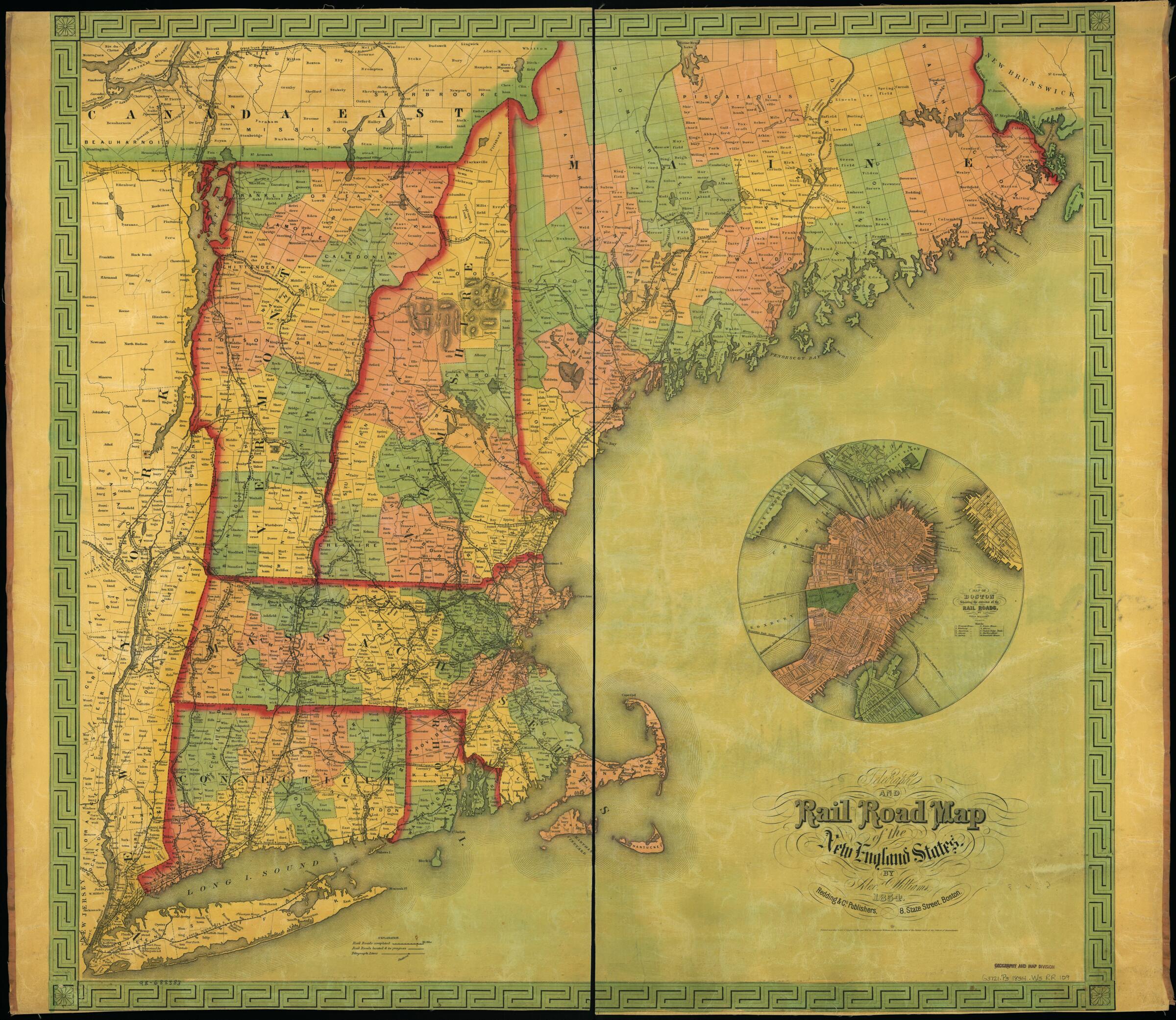 This old map of Telegraph and Rail Road Map of the New England States from 1854 was created by Alexander Williams in 1854