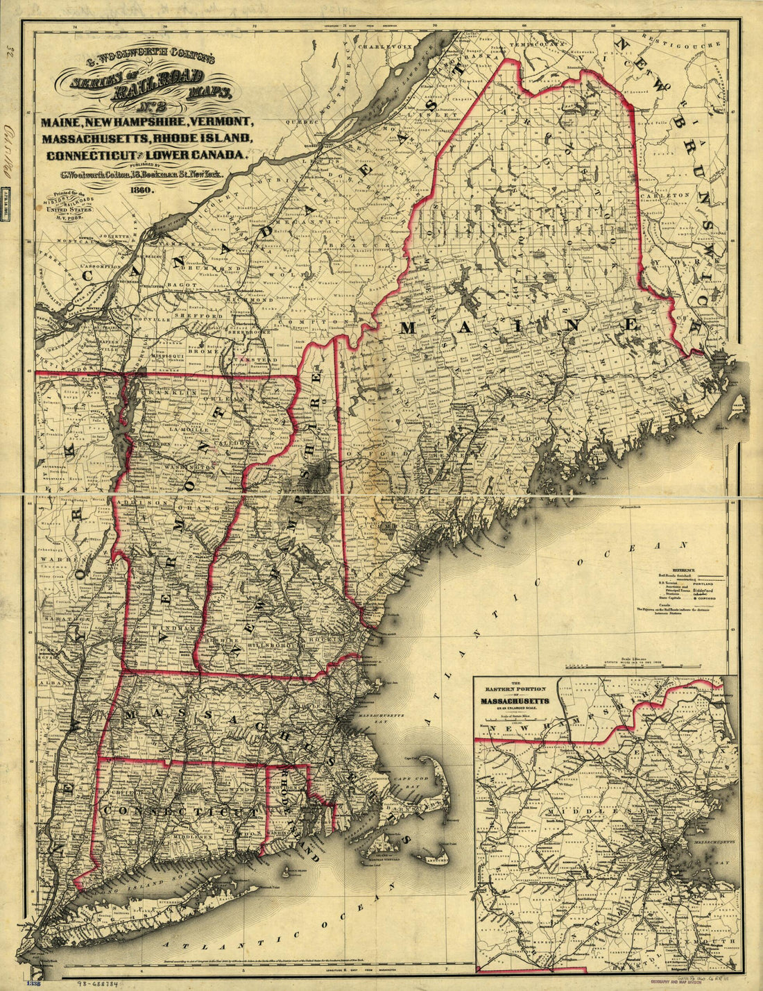 This old map of Maine, New Hampshire, Vermont, Massachusetts, Rhode Island, Connecticut and Lower Canada, from 1860 was created by G. Woolworth (George Woolworth) Colton in 1860