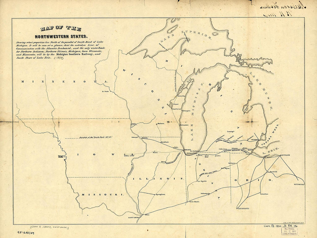 This old map of Map of the Northwestern States. Shewing sic What Proportion Lies North of the Parallel of South Bend of Lake Michigan. It Will Be Seen at a Glance, That the Unbroken Line of Communication With the Atlantic Seaboard, and the Only Winter Ro