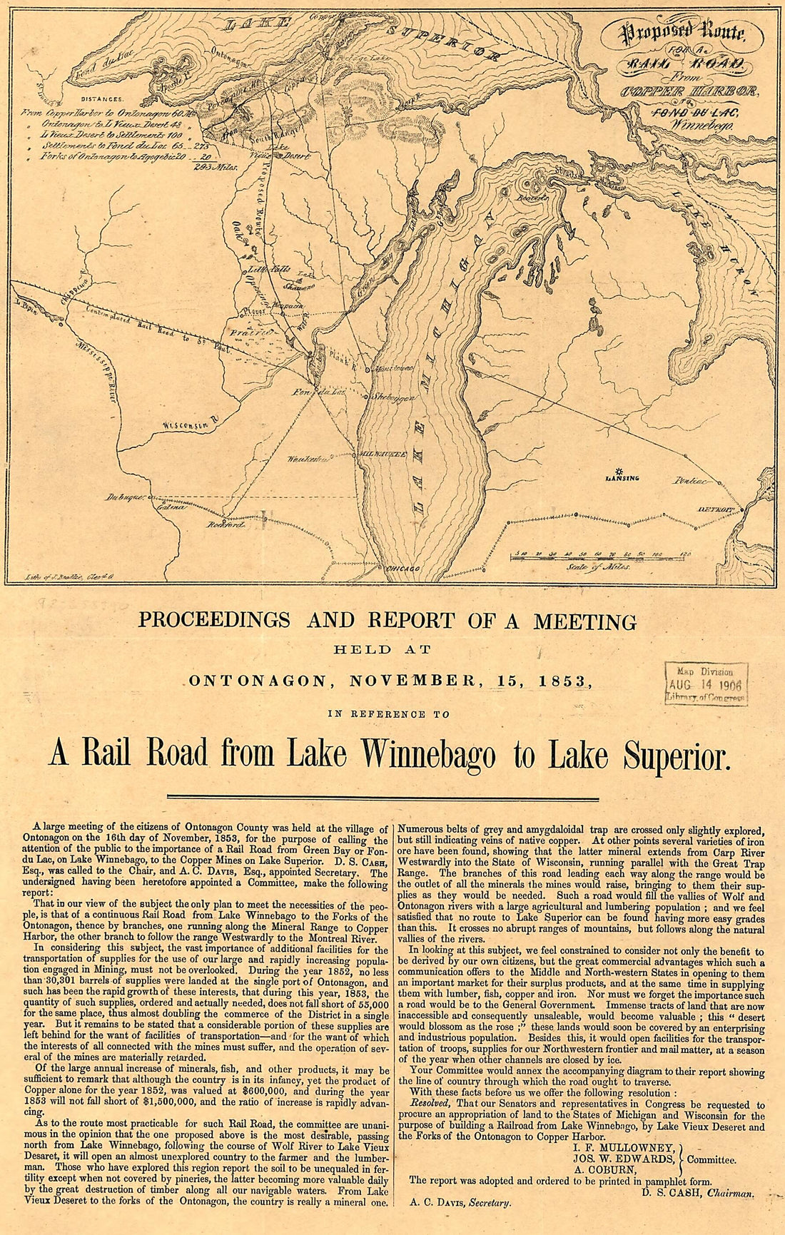 This old map of Proposed Route for a Rail Road from Copper Harbor, to Fond Du Lac, Winnebego from 1853 was created by  in 1853