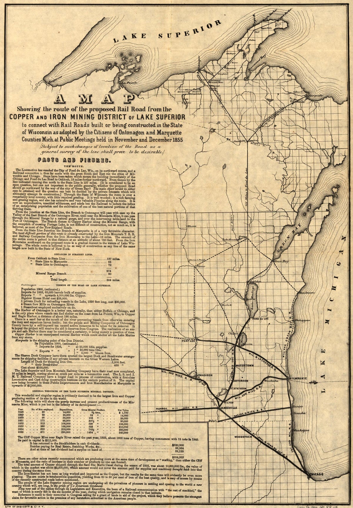 A Map Showing the Route of the Proposed Rail Road from the Copper and Iron Mining District of Lake Superior to Connect With Rail Roads Built Or Being Constructed In the State of Wisconsin As Adopted by the Citizens of Ontonagon and Marquette Counties ... by Relic Map Company