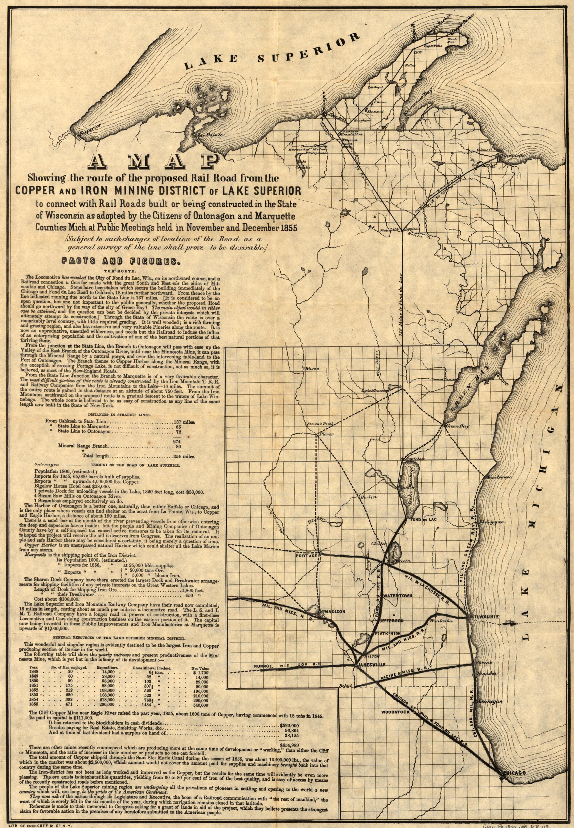 This old map of A Map Showing the Route of the Proposed Rail Road from the Copper and Iron Mining District of Lake Superior to Connect With Rail Roads Built Or Being Constructed In the State of Wisconsin As Adopted by the Citizens of Ontonagon and Marque