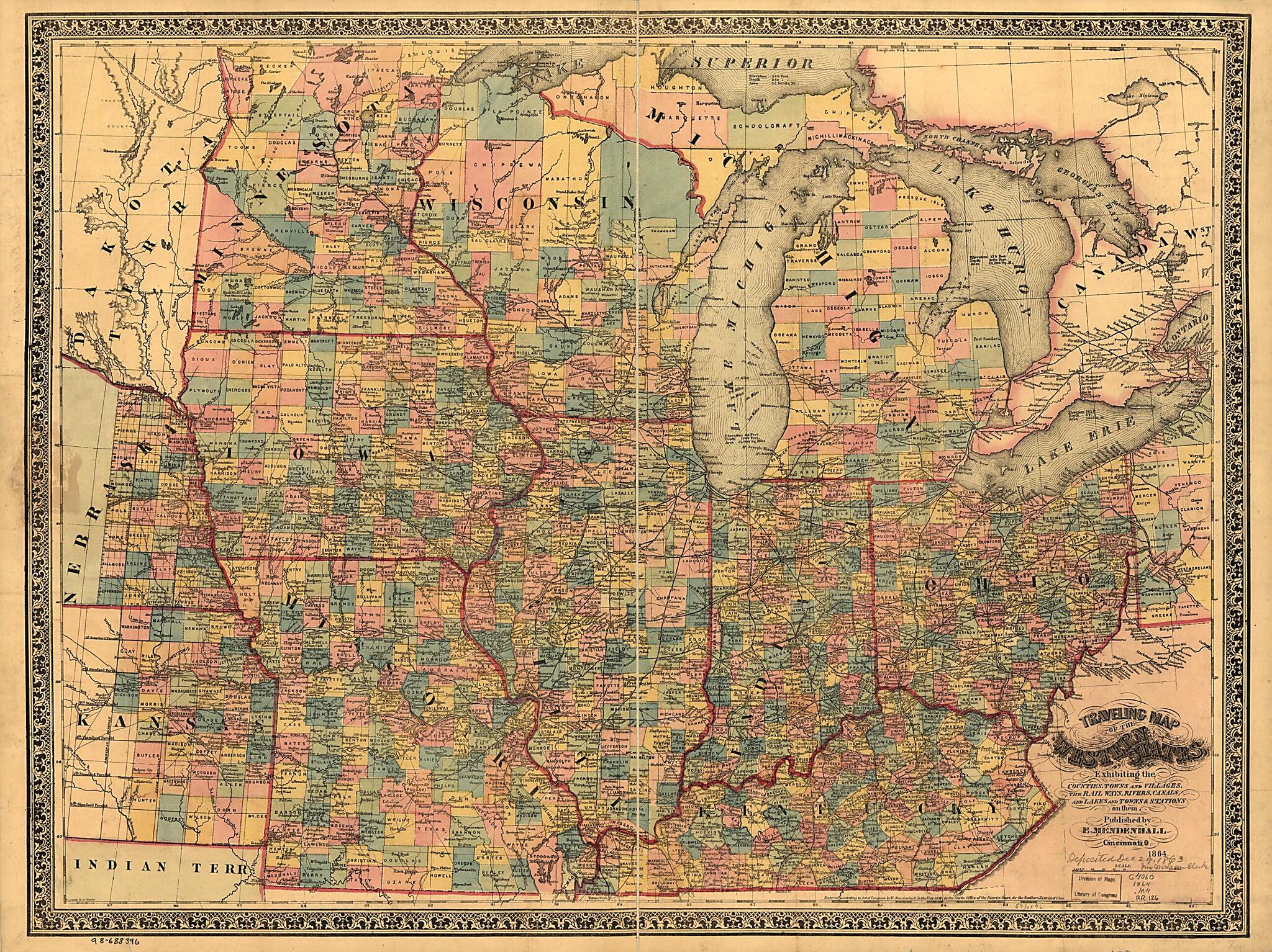 This old map of Traveling Map of the Western States, Exhibiting the Counties, Towns and Villages, the Rail Ways, Rivers, Canals, and Lakes and Towns &amp; Stations On Them; Engraved by Jos. Beutler from 1864 was created by Edward Mendenhall in 1864