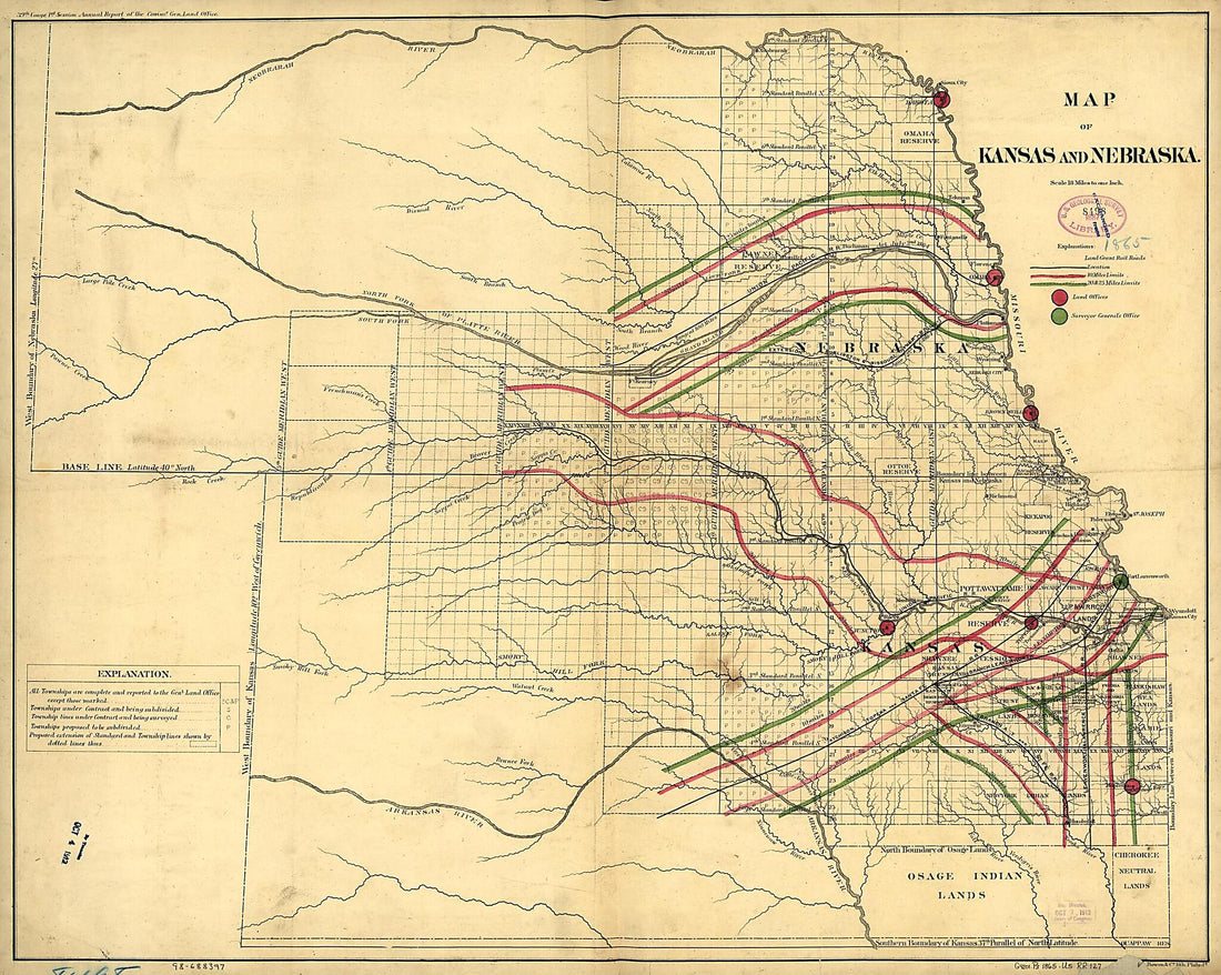 This old map of Map of Kansas and Nebraska from 1865 was created by  United States. General Land Office in 1865