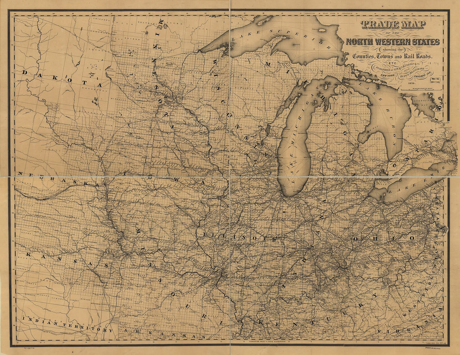 This old map of Trade Map of the North Western States Showing the Counties, Towns and Rail Roads, Etc from 1870 was created by  G.W. &amp; C.B. Colton &amp; Co in 1870
