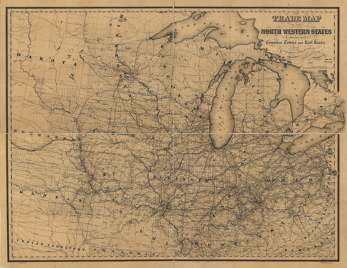 Trade Map of the North Western States Showing the Counties, Towns and Rail Roads, Etc 1870 by Relic Map Company
