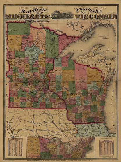 Railroad and Post Office Map of Minnesota and Wisconsin 1871 by Relic Map Company