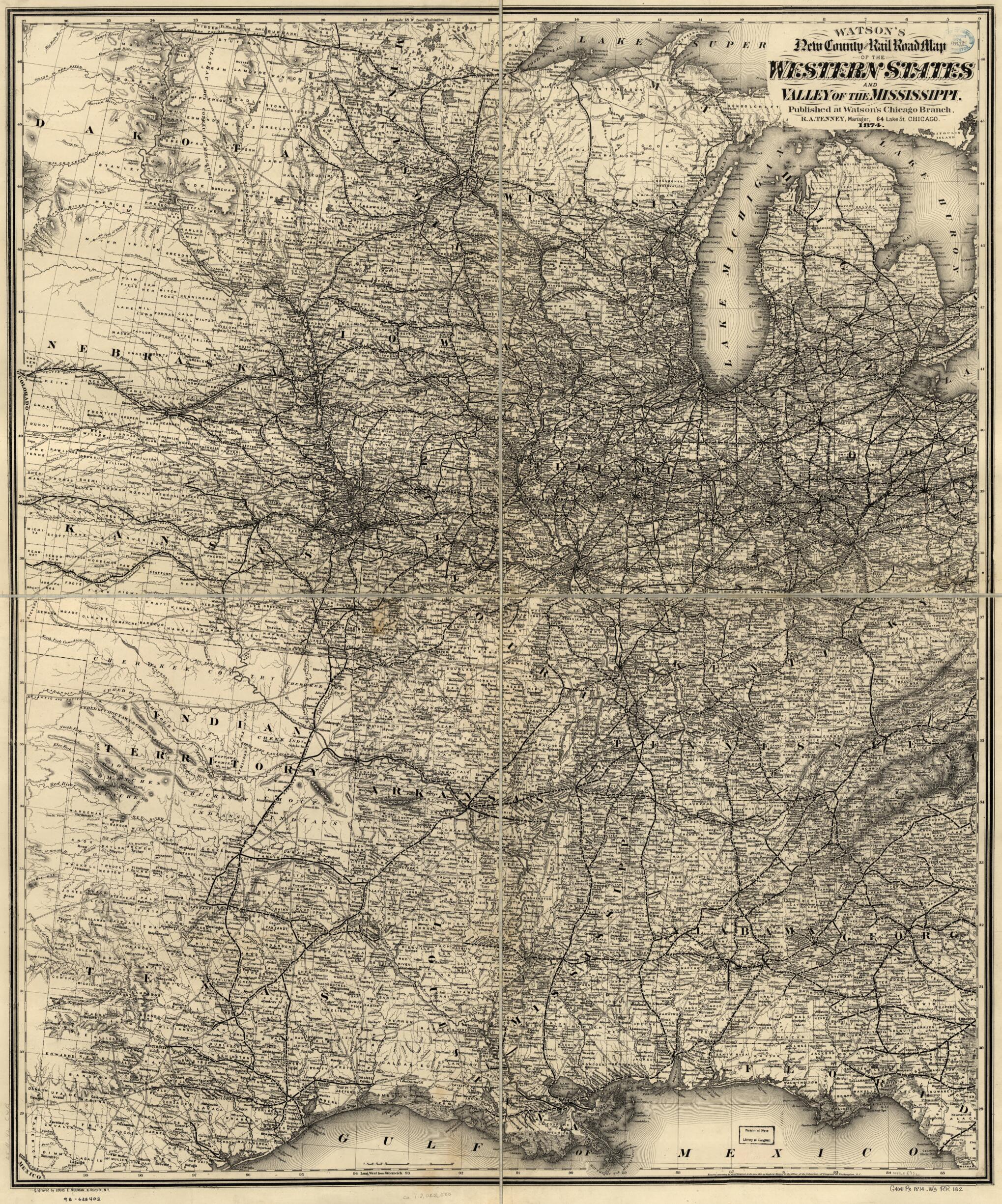 This old map of New County and Rail Road Map of the Western States and Valley of the Mississippi from 1874 was created by Gaylord Watson in 1874