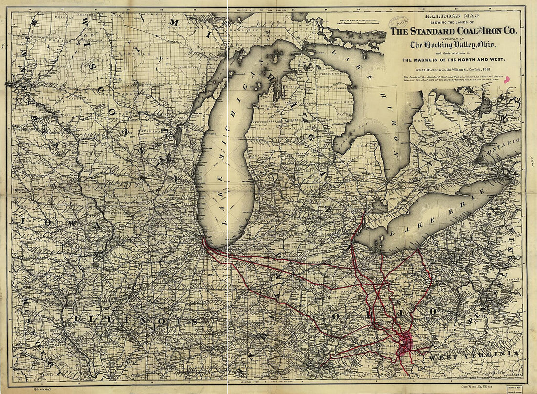 This old map of Railroad Map Showing the Lands of the Standard Coal and Iron County Situated In the Hocking Valley, Ohio, and Their Relation to the Markets of the North and West from 1881 was created by  G.W. &amp; C.B. Colton &amp; Co in 1881