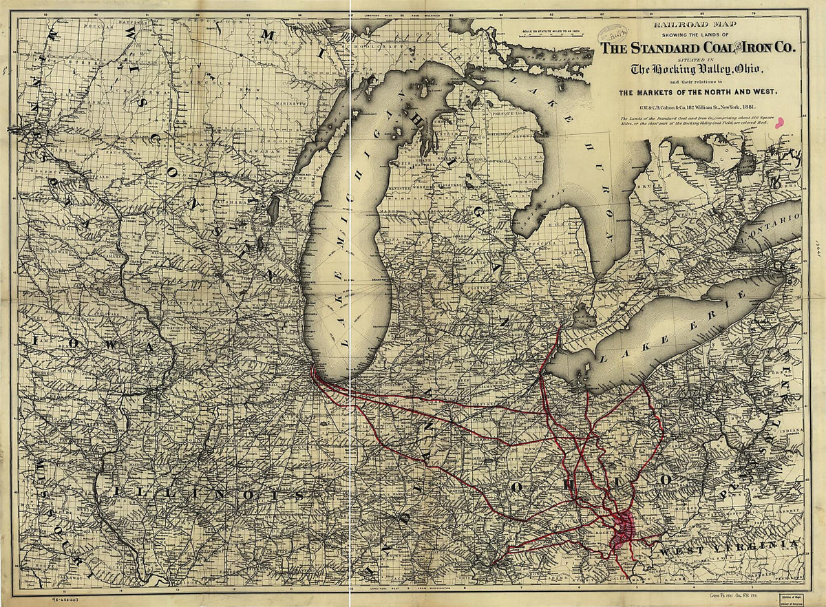 Railroad Map Showing the Lands of the Standard Coal and Iron County Situated In the Hocking Valley, Ohio, and Their Relation to the Markets of the North and West 1881 by Relic Map Company