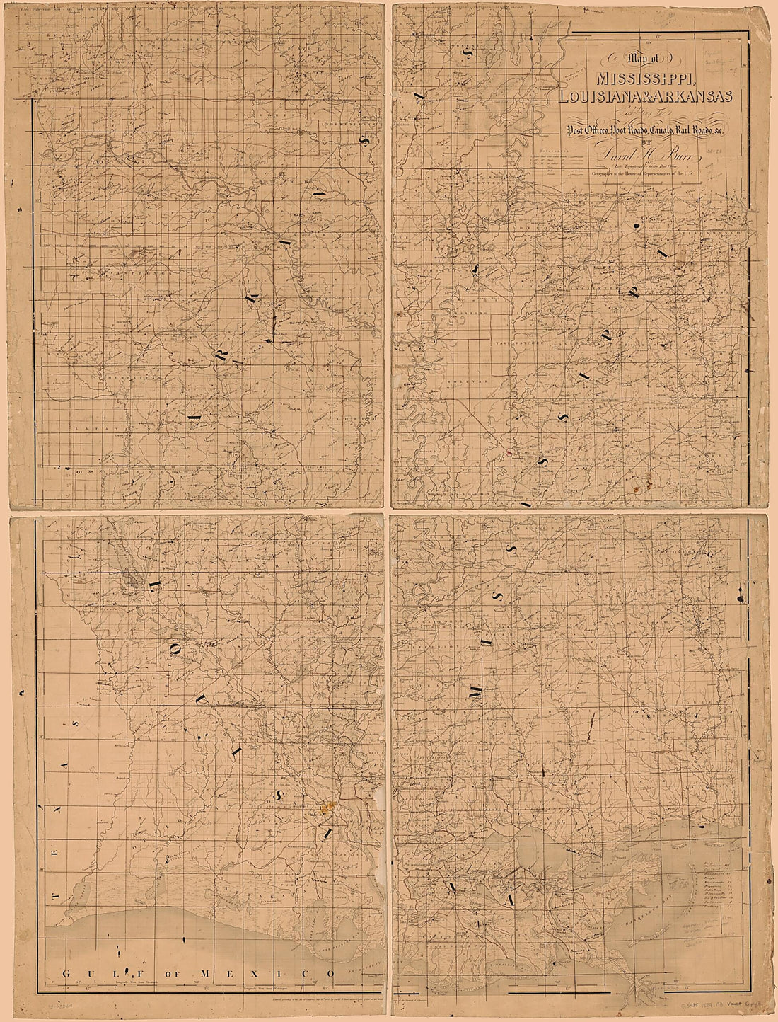 This old map of Map of Mississippi, Louisiana &amp; Arkansas Exhibiting the Post Offices, Post Roads, Canals, Rail Roads, &amp;c. (Map of Mississippi, Louisiana and Arkansas Exhibiting the Post Offices, Post Roads, Canals, Rail Roads, &amp;c) from 1839 was created b
