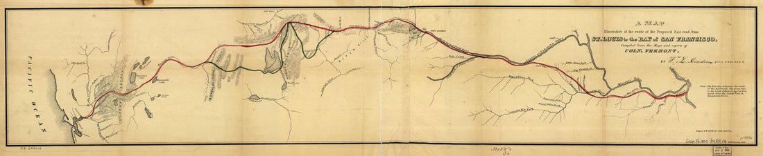 This old map of A Map Illustrative of the Route of the Proposed Railroad : from St. Louis to the Bay of San Francisco from 1850 was created by W. L. (William L.) Dearborn in 1850