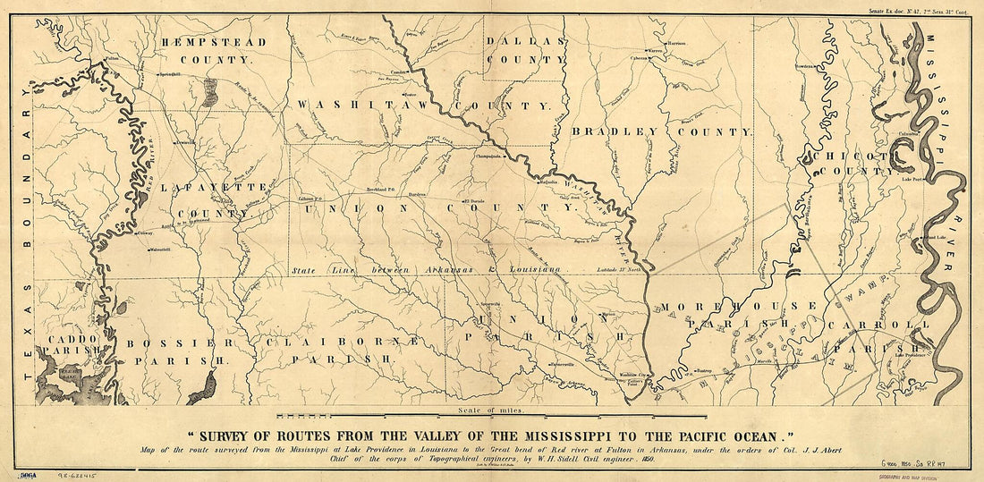 This old map of Map of the Route Surveyed from the Mississippi at Lake Providence In Louisiana to the Great Bend of Red River at Fulton In Arkansas from 1850 was created by William Henry Sidell in 1850