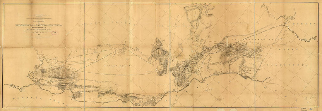 This old map of General Map of Explorations and Surveys In California from 1853 was created by Jefferson Davis, John G. Parke, Selmar Siebert,  United States. War Department, Issac Williams Smith, R. S. (Robert Stockton) Williamson in 1853