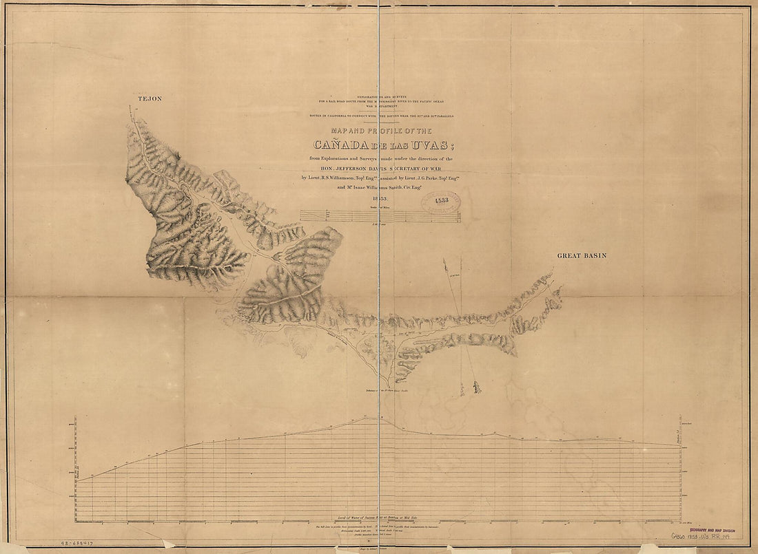 This old map of Map and Profile of the Cañada De Las Uvas : from Explorations and Surveys from 1853 was created by Jefferson Davis, John G. Parke, Selmar Siebert,  United States. War Department, Issac Williams Smith, R. S. (Robert Stockton) Williamson i