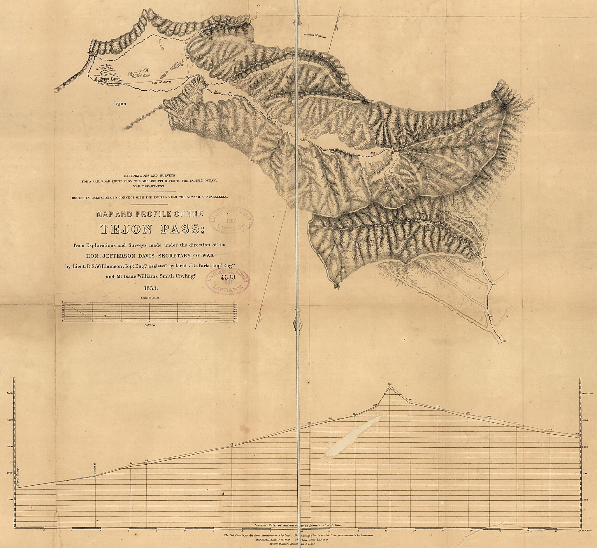 This old map of Map and Profile of the Tejon Pass : from Explorations and Surveys from 1853 was created by Jefferson Davis, John G. Parke, Selmar Siebert,  United States. War Department, Issac Williams Smith, R. S. (Robert Stockton) Williamson in 1853