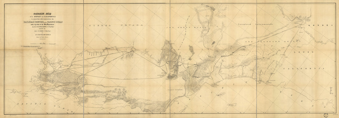 This old map of General Map of a Survey In California : In Connection With Examinations for Railroad Routes to the Pacific Ocean from 1855 was created by John G. Parke, Charles Preuss,  United States. War Department, Issac Williams Smith, R. S. (Robert S