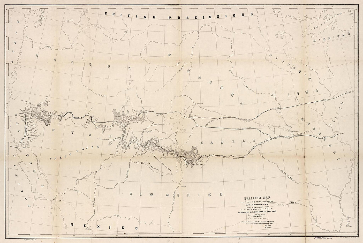 This old map of Skeleton Map Exhibiting the Route Explored by Capt. J. W. Gunnison U.S.A., 38 Parallel of North Latitude (1853), Also That of the 41 Parallel of Latitude Explored by Lieutenant E. G. P. Beckwith 3d. Arty., (1854) from 1855 was created by 