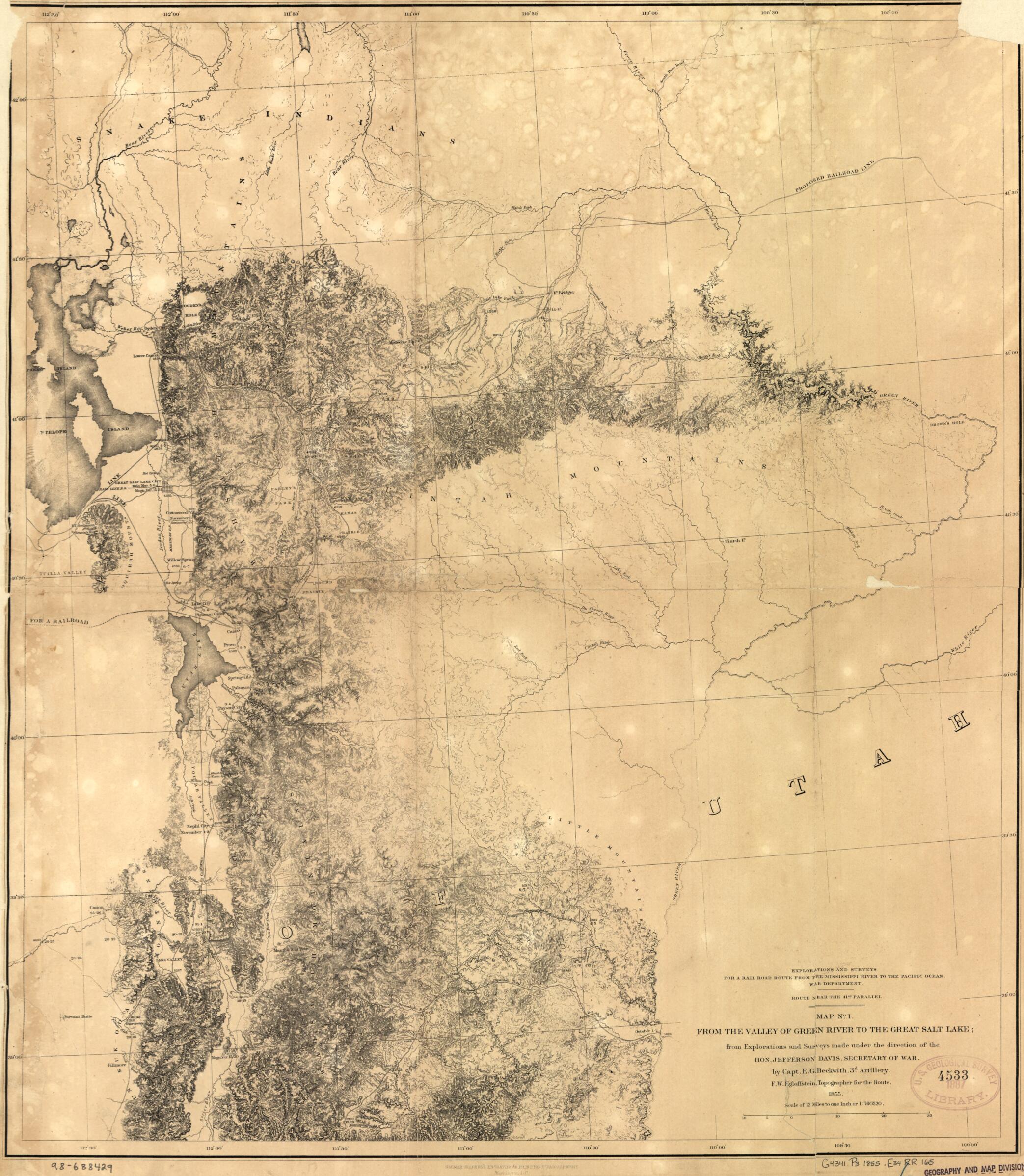 This old map of From the Valley of Green River to the Great Salt Lake from 1855 was created by E. G. (Edward Griffin) Beckwith, Jefferson Davis, F. W. Egloffstein, Selmar Siebert,  United States. War Department in 1855