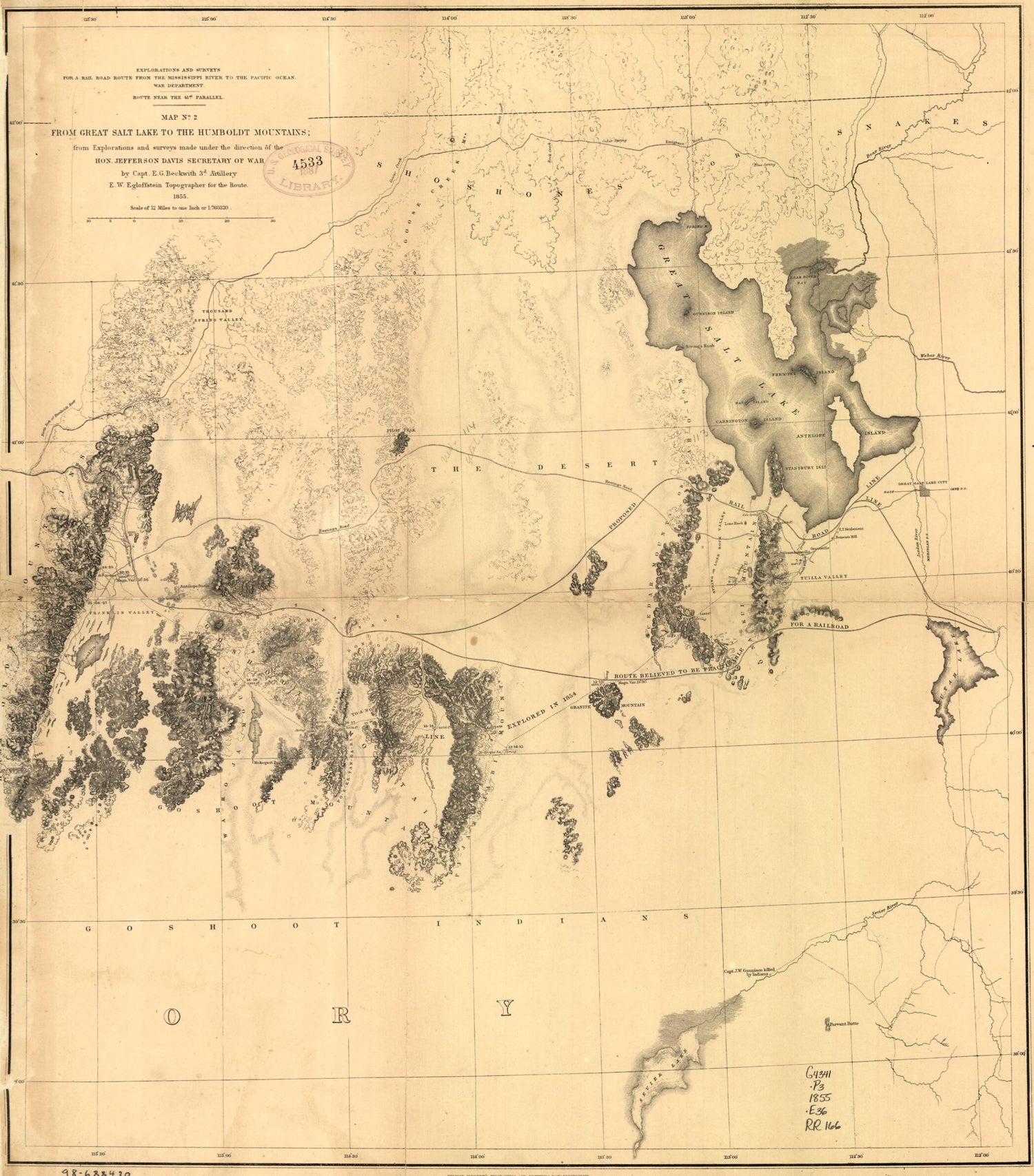 This old map of From Great Salt Lake to the Humboldt Mountains from 1855 was created by E. G. (Edward Griffin) Beckwith, Jefferson Davis, F. W. Egloffstein, Selmar Siebert,  United States. War Department in 1855