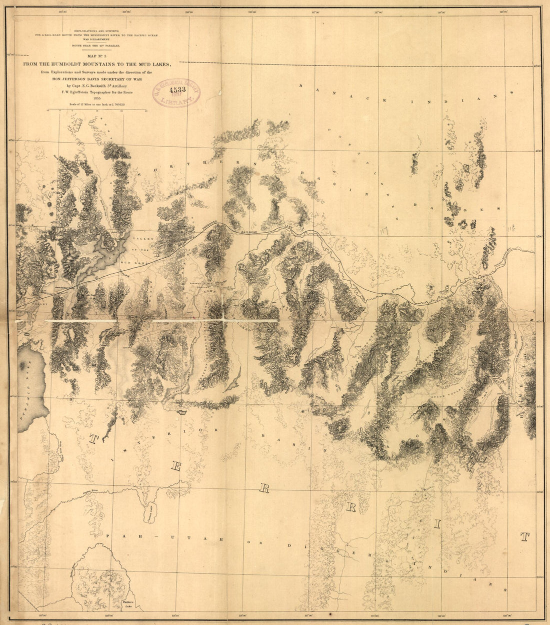 This old map of From the Humboldt Mountains to the Mud Lakes from 1855 was created by E. G. (Edward Griffin) Beckwith, Jefferson Davis, F. W. Egloffstein, Selmar Siebert,  United States. War Department in 1855