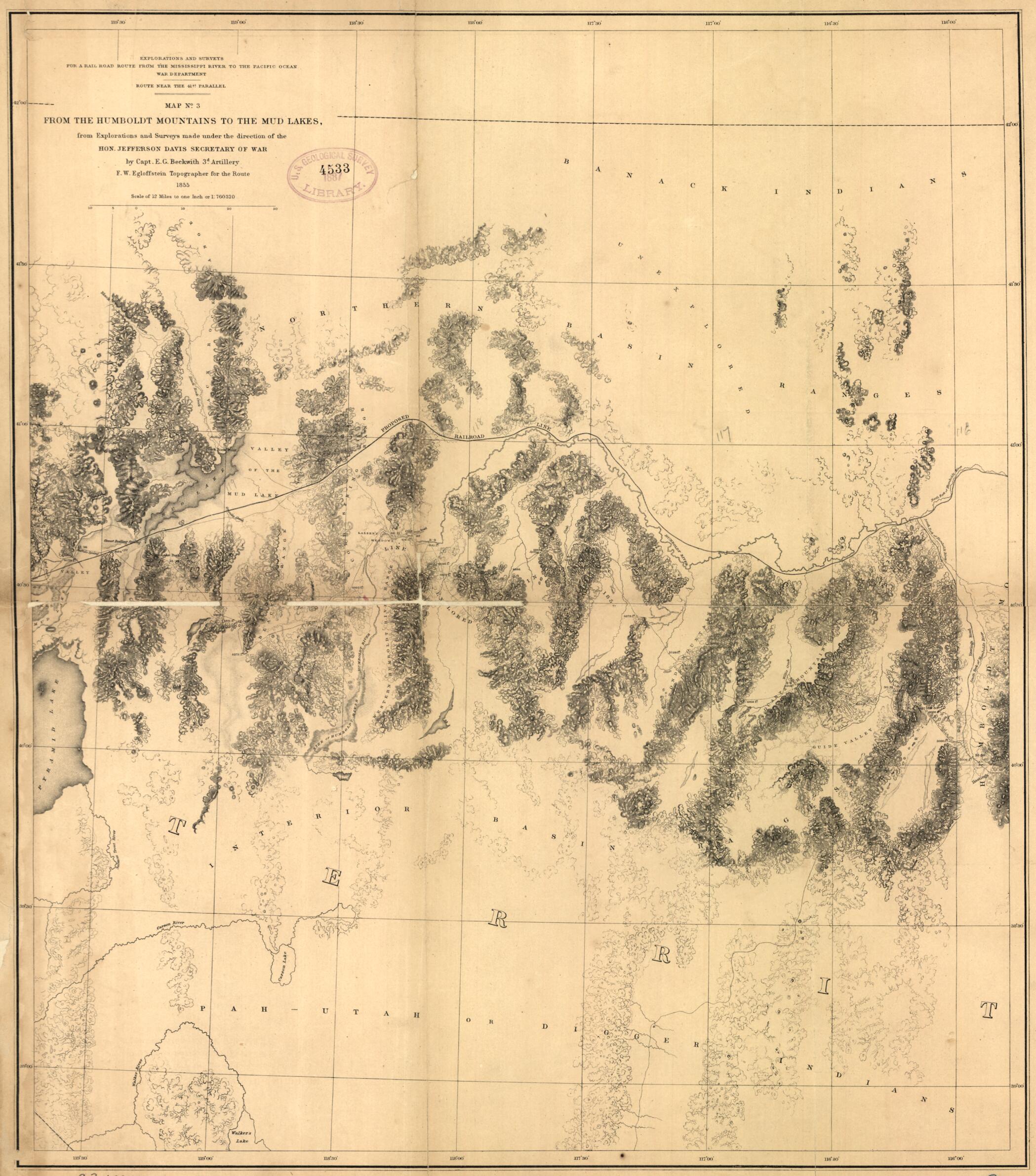 This old map of From the Humboldt Mountains to the Mud Lakes from 1855 was created by E. G. (Edward Griffin) Beckwith, Jefferson Davis, F. W. Egloffstein, Selmar Siebert,  United States. War Department in 1855