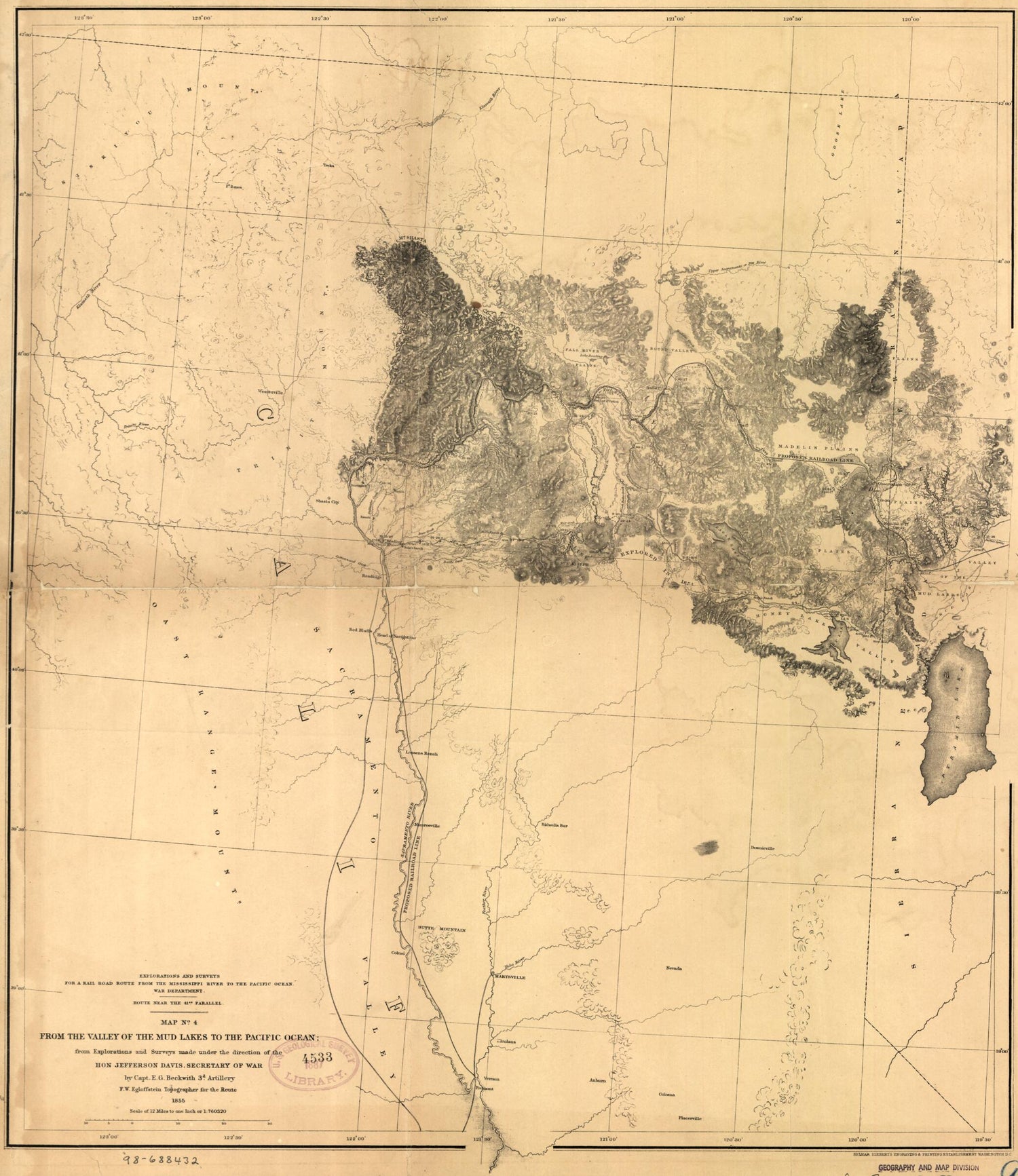This old map of From the Valley of the Mud Lakes to the Pacific Ocean from 1855 was created by E. G. (Edward Griffin) Beckwith, Jefferson Davis, F. W. Egloffstein, Selmar Siebert,  United States. War Department in 1855
