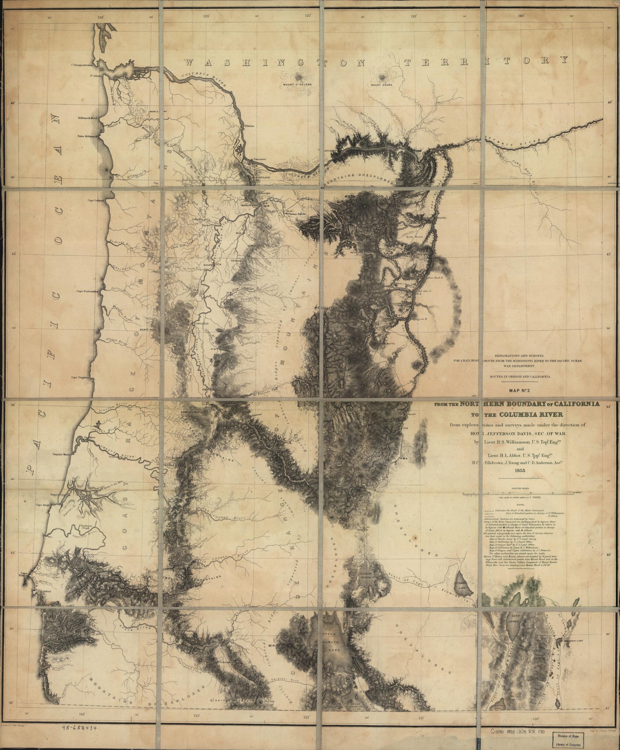 This old map of From the Northern Boundary of California to the Columbia River : from Explorations and Surveys from 1859 was created by Henry L. Abbot, Jefferson Davis, Selmar Siebert,  United States. War Department, R. S. (Robert Stockton) Williamson, J