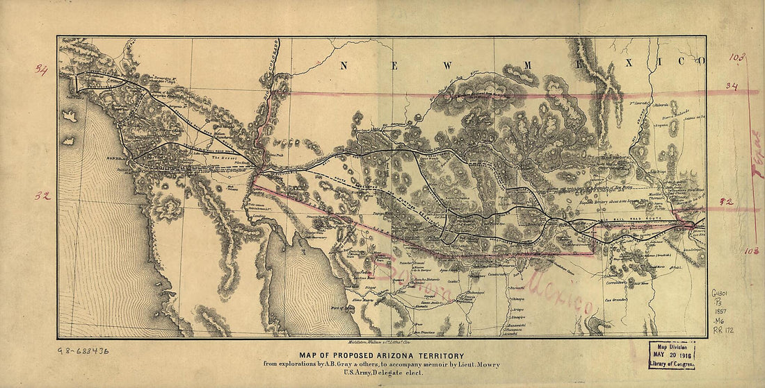 This old map of Map of Proposed Arizona Territory from 1857 was created by A. B. (Andrew Belcher) Gray, Wallace &amp; Co Middleton, Sylvester Mowry in 1857