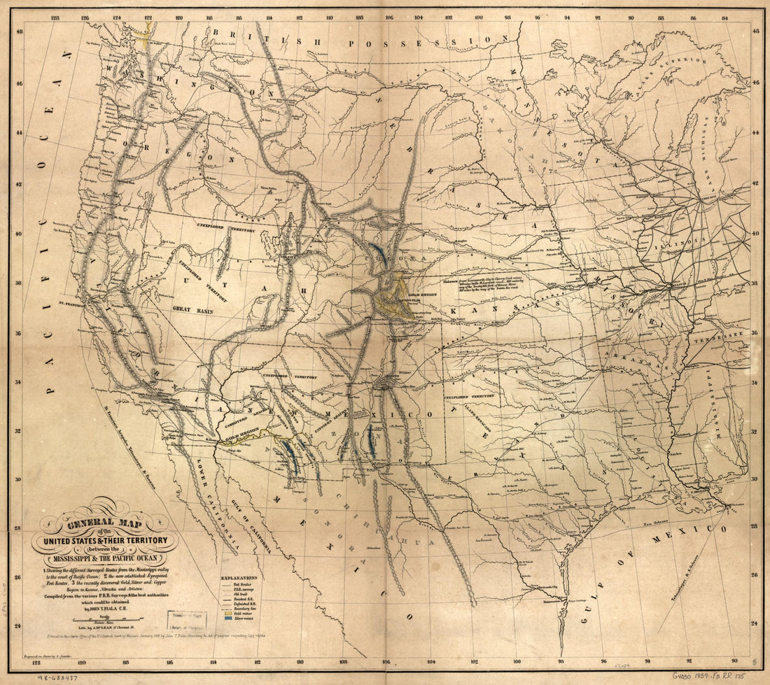 This old map of General Map of the United States &amp; Their Territory Between the Mississippi &amp; the Pacific Ocean. 1. Showing the Different Surveyed Routes from the Mississippi Valley to the Coast of Pacific Ocean, 2. the New Established &amp; Proposed Post Routes, 3 was created by John T. Fiala in 1859