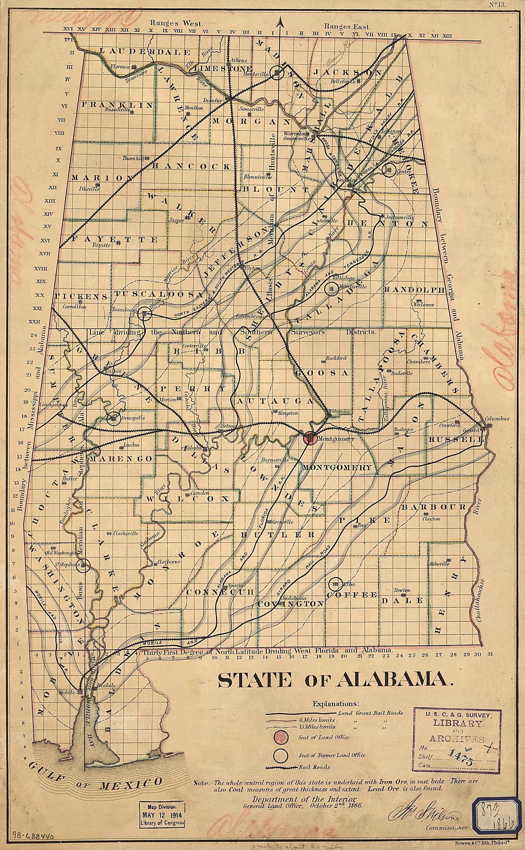 This old map of State of Alabama. October. 2nd. from 1866 was created by  United States. General Land Office in 1866