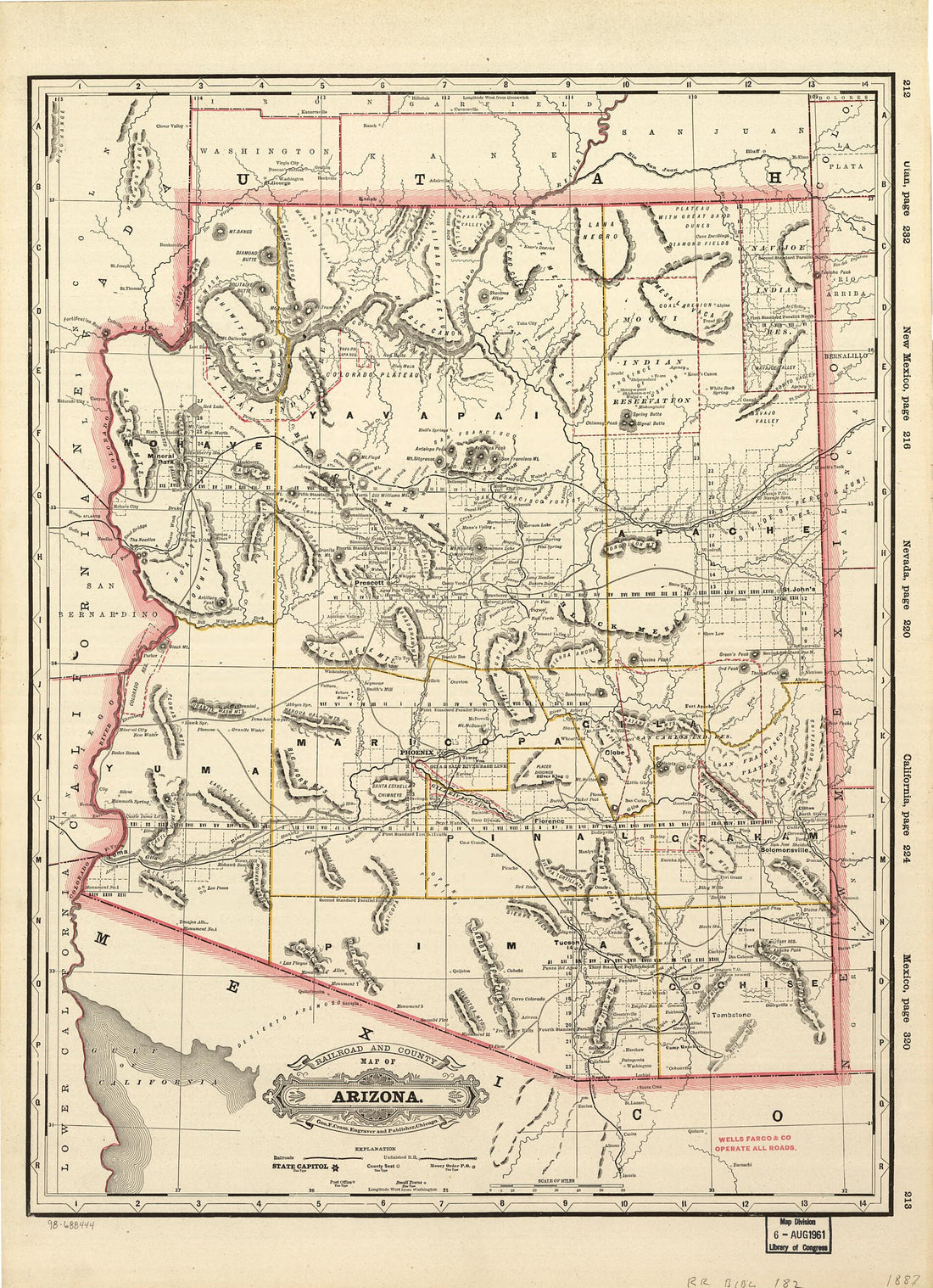 This old map of Railroad and County Map of Arizona from 1887 was created by George Franklin Cram in 1887