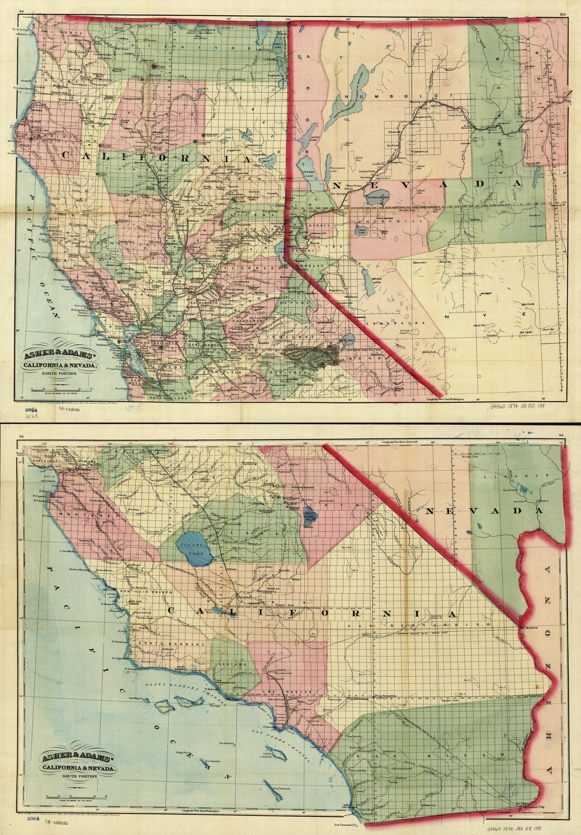 This old map of New Commercial and Topographical Rail Road Map &amp; Guide of California and Nevada from 1874 was created by  Asher &amp; Adams in 1874