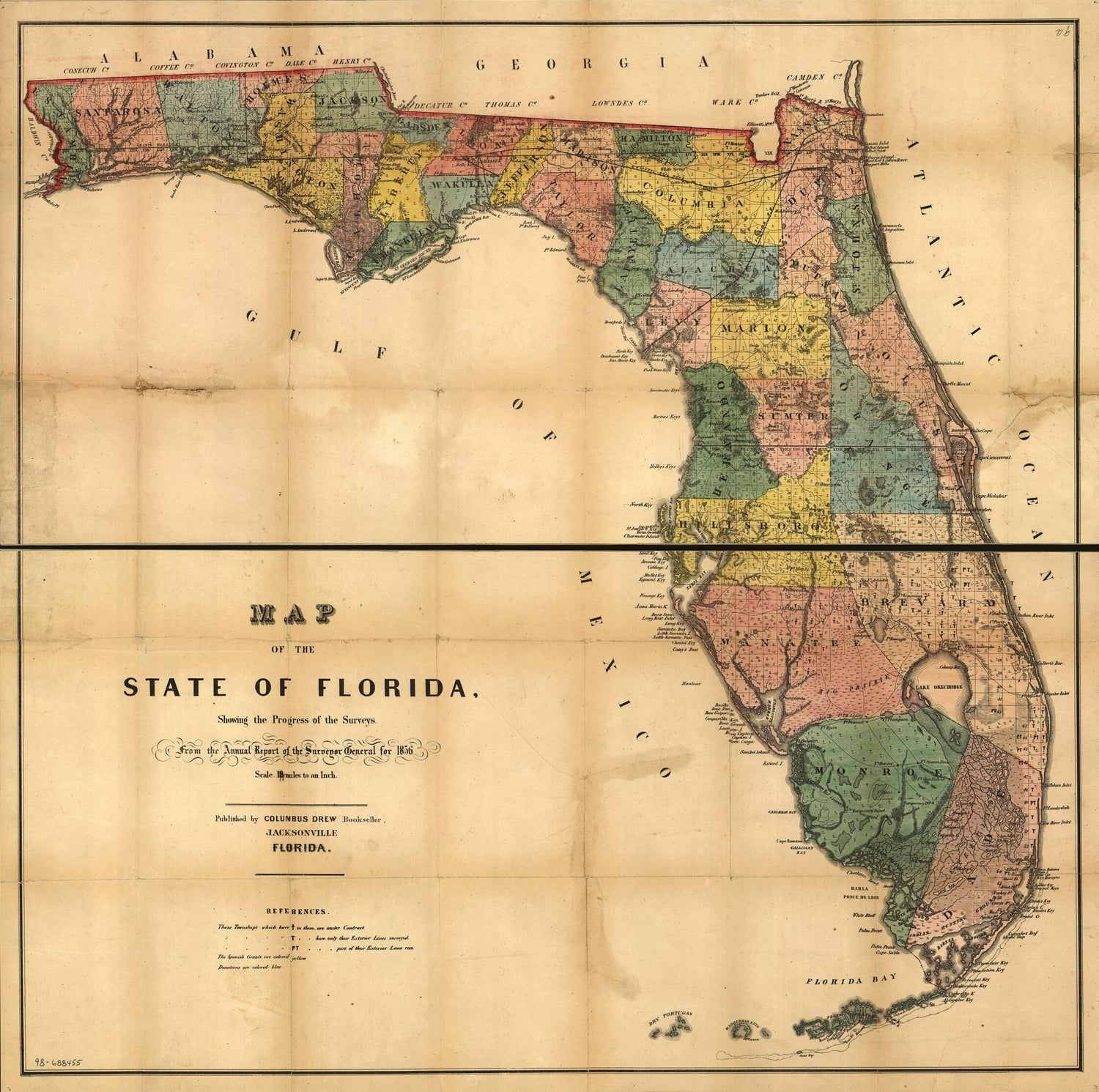 This old map of Map of the State of Florida Showing the Progress of the Surveys; from the Annual Report of the Surveyor General for from 1856 was created by Columbus Drew in 1856