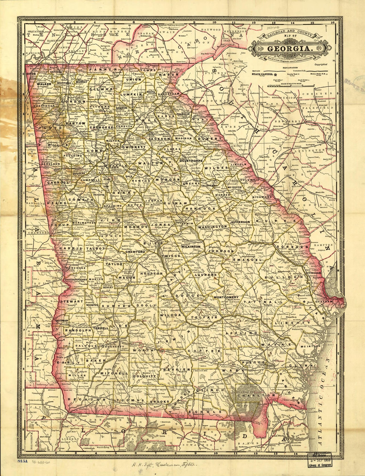 This old map of Indexed Railroad and County Map of Georgia from 1883 was created by George Franklin Cram in 1883