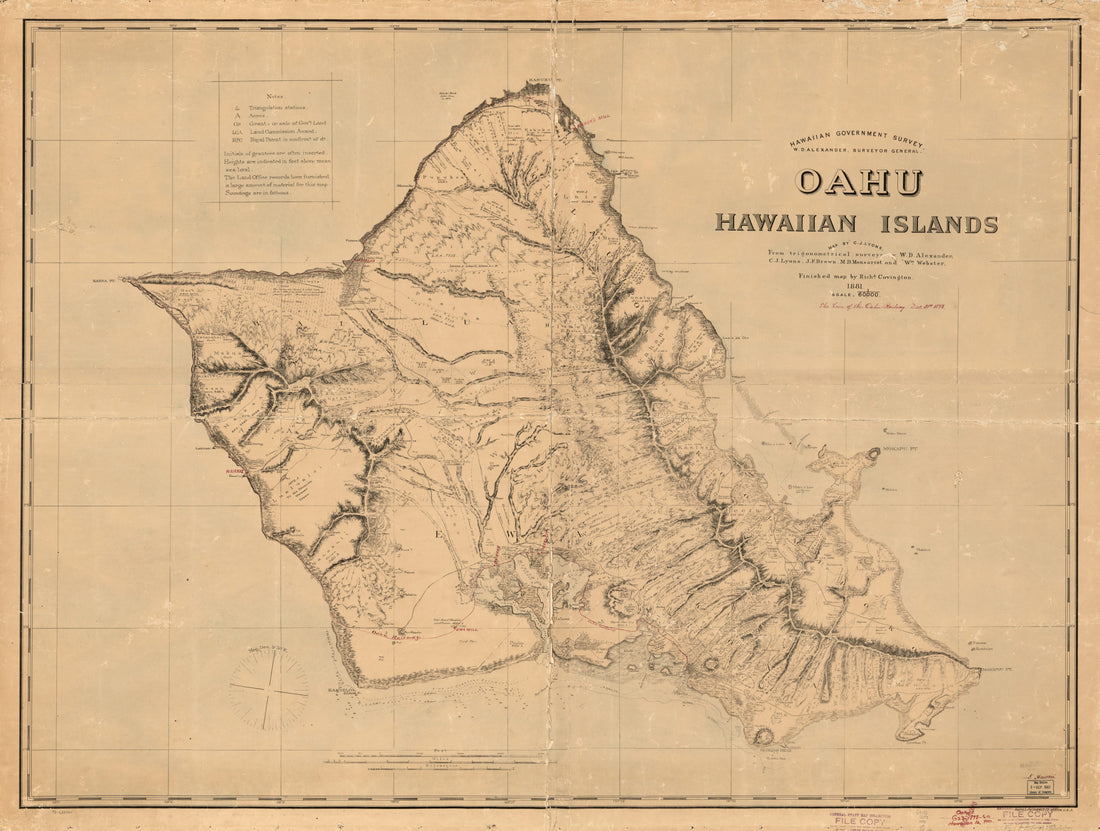 This old map of Hawaiian Government Survey; W. D. Alexander, Surveyor General, Oahu, Hawaiian Islands; Map by C. J. Lyons, from Trigonometic Surveys by W. D. Alexander, C. J. Lyons, J. F. Brown, M. D. Monsarrat and Wm. Webster, Finished Map by Richd. Cov