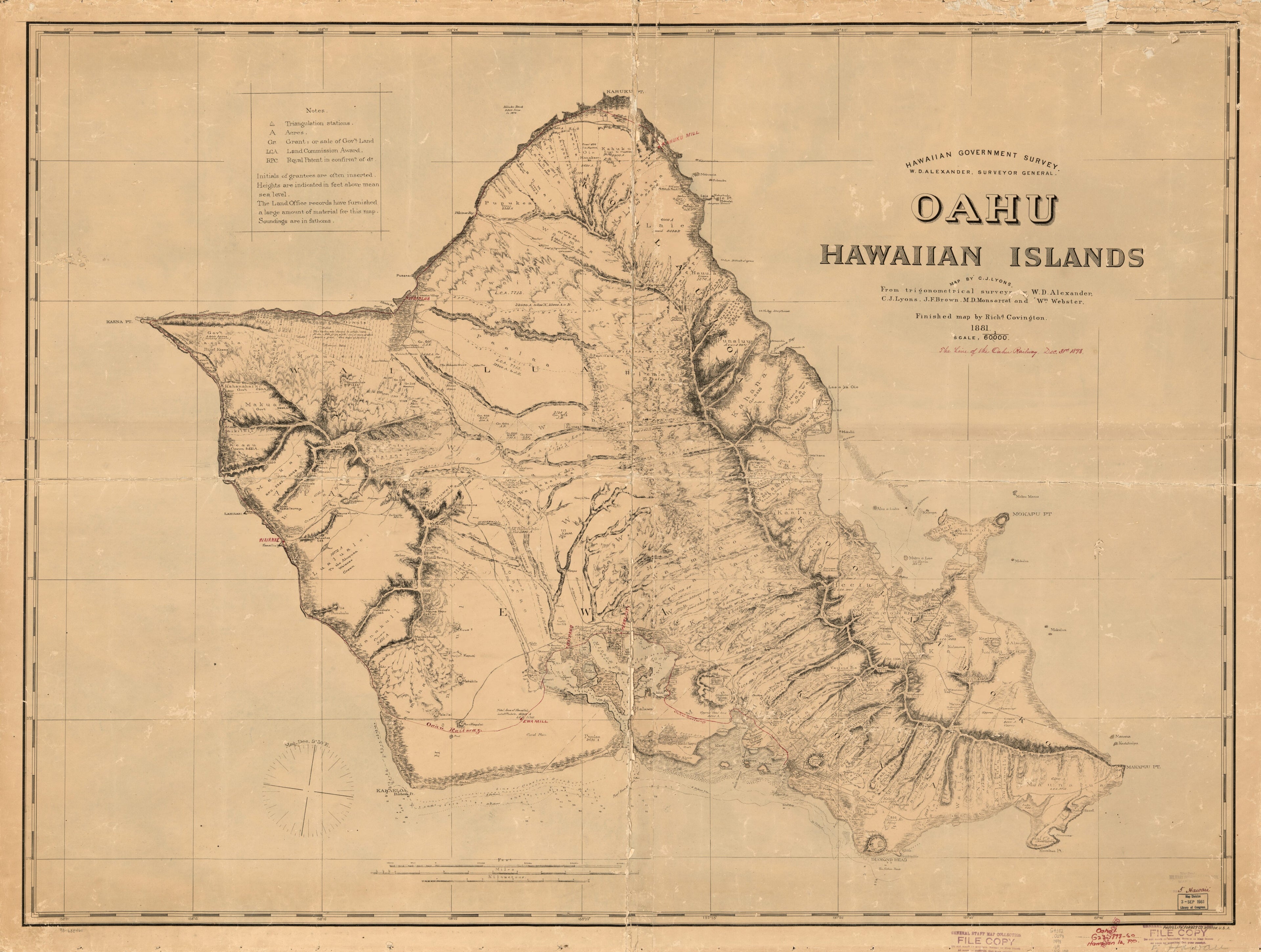 This old map of Hawaiian Government Survey; W. D. Alexander, Surveyor General, Oahu, Hawaiian Islands; Map by C. J. Lyons, from Trigonometic Surveys by W. D. Alexander, C. J. Lyons, J. F. Brown, M. D. Monsarrat and Wm. Webster, Finished Map by Richd. Cov