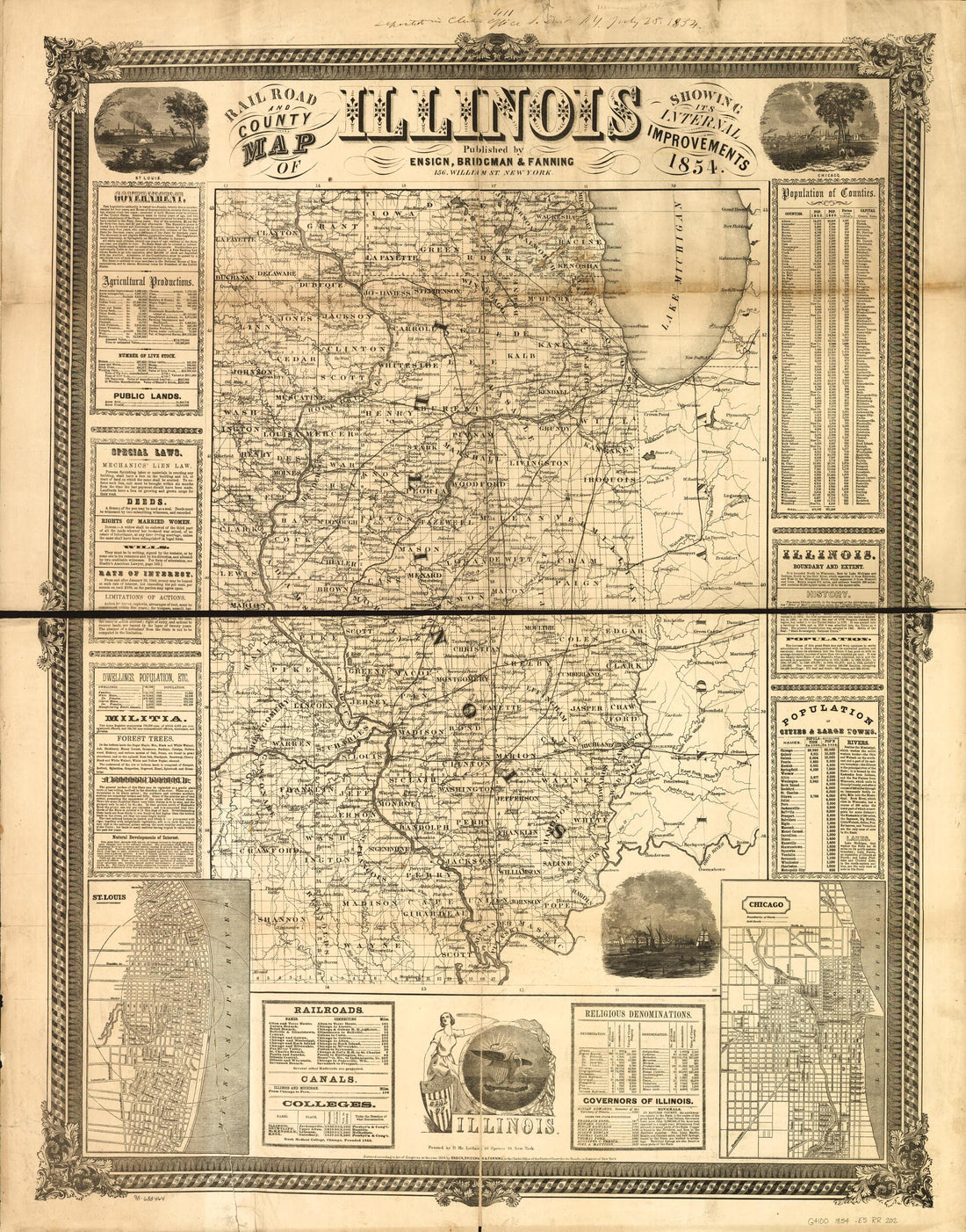 This old map of Rail Road and County Map of Illinois Showing Its Internal Improvements from 1854 was created by Bridgman &amp; Fanning Ensign in 1854