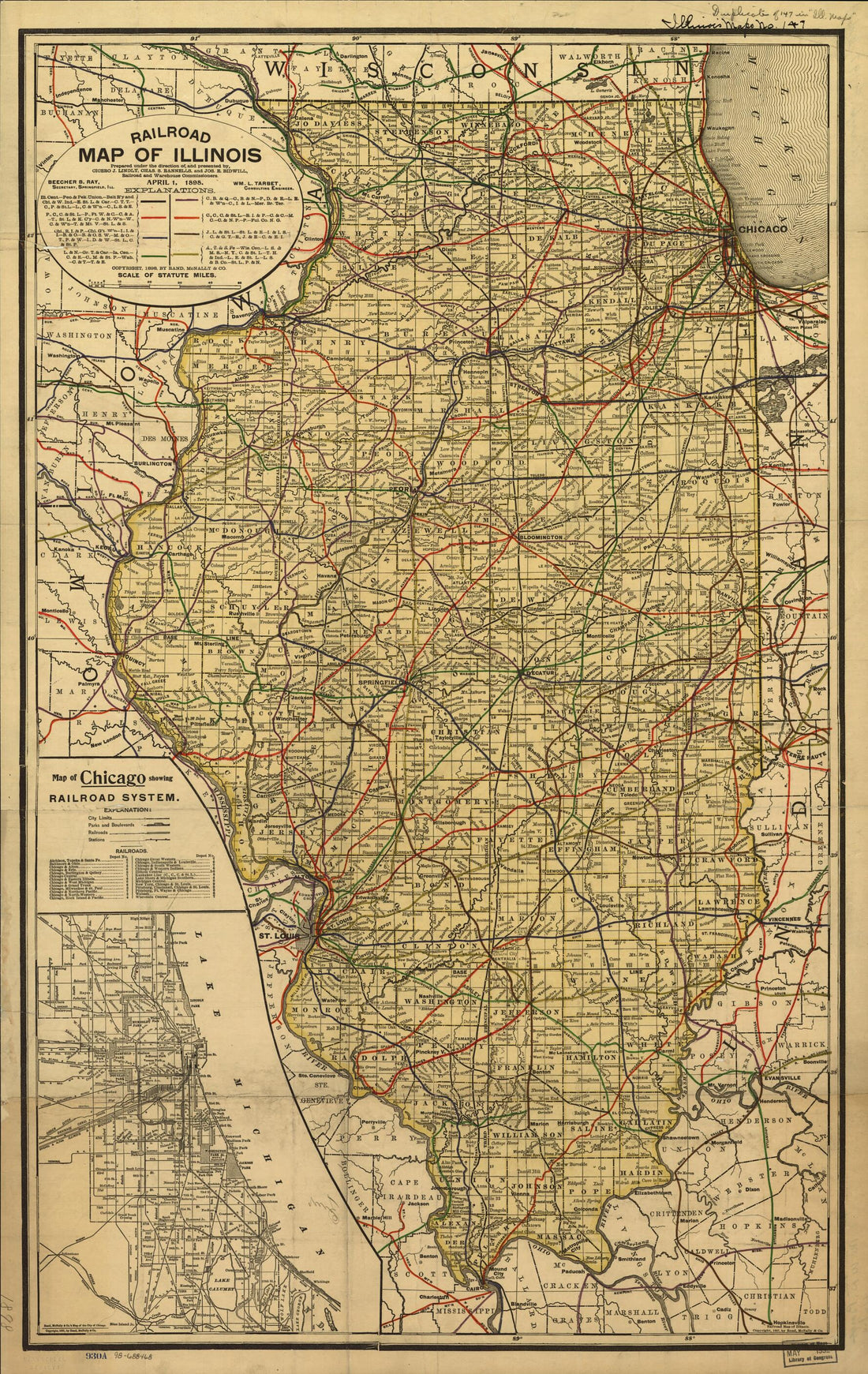 This old map of Railroad Map of Illinois Prepared Under the Direction Of, and Presented By, Cicero J. Lindly, Chas. S. Rannells, and Jos. E. Bidwell, Railroad and Warehouse Commissioners. April 1, from 1898 was created by  Rand McNally and Company in 189