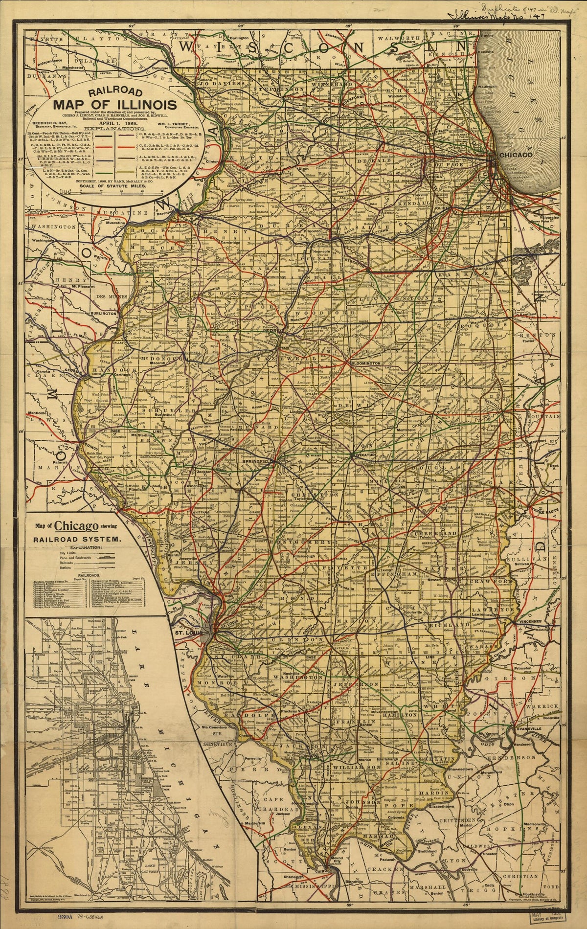 Railroad Map of Illinois Prepared Under the Direction Of, and Presented By, Cicero J. Lindly, Chas. S. Rannells, and Jos. E. Bidwell, Railroad and Warehouse Commissioners. April 1, 1898 by Relic Map Company