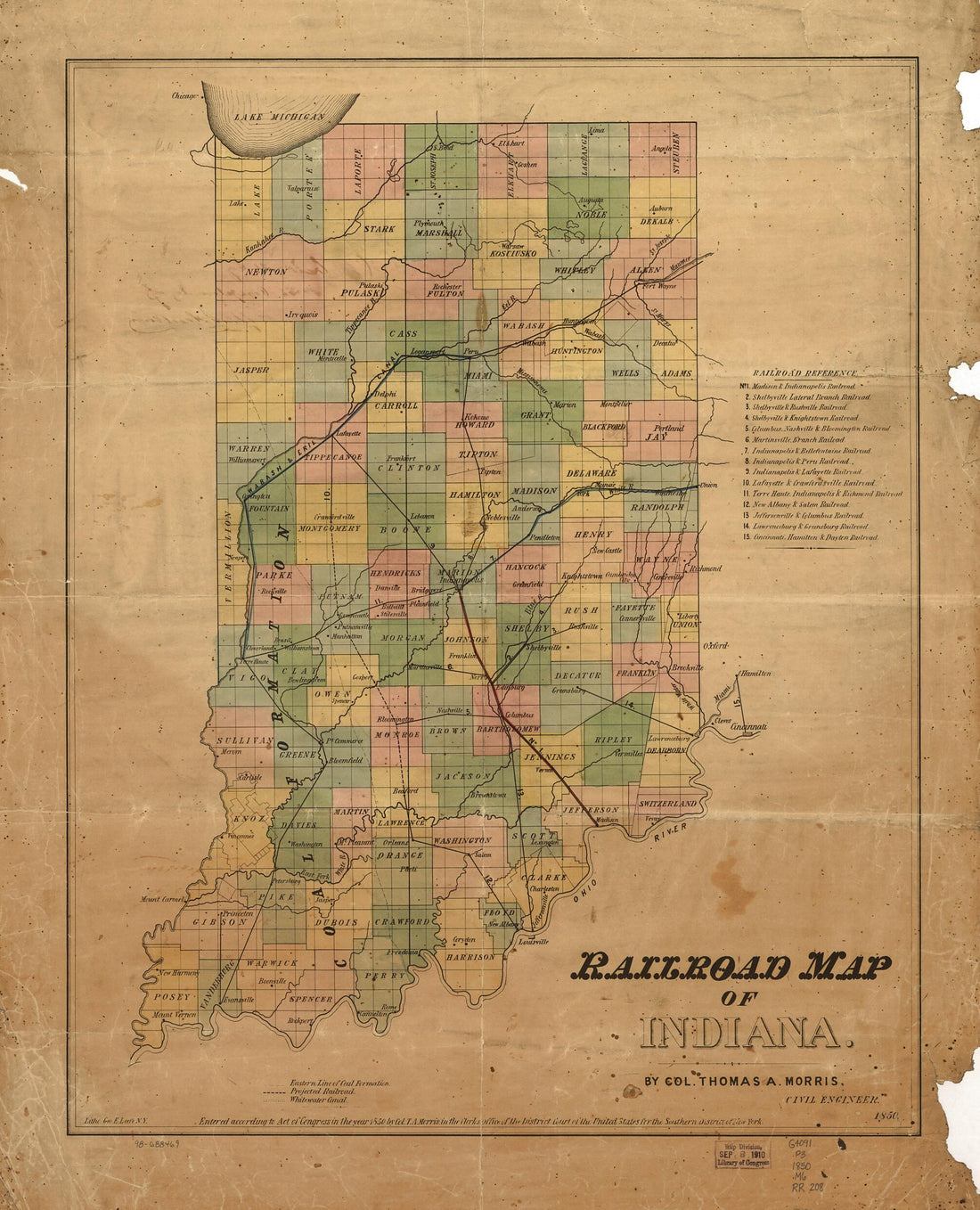 This old map of Railroad Map of Indiana, by Col. Thomas A. Morris, Civil Engineer from 1850 was created by Thomas A. (Thomas Armstrong) Morris in 1850