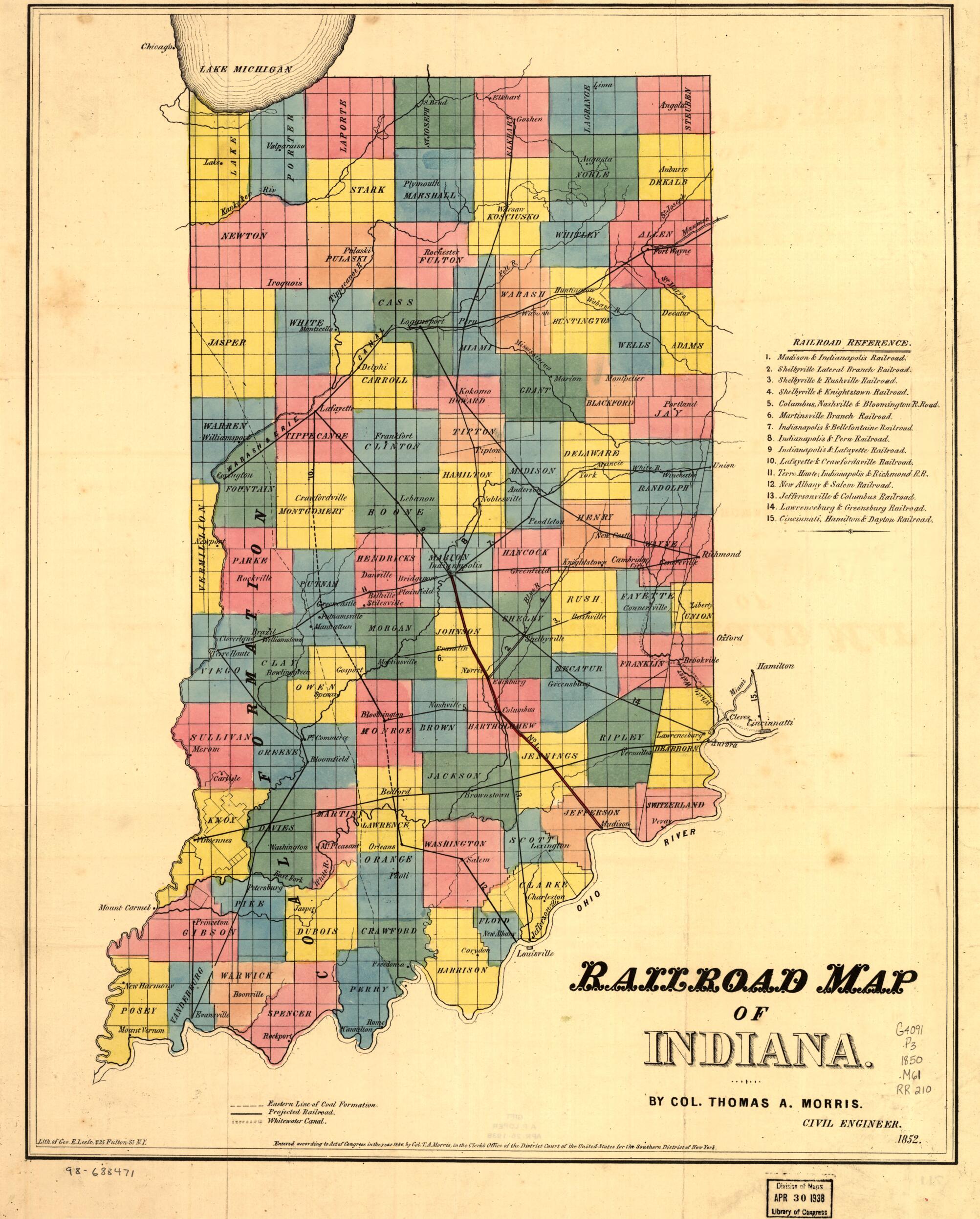 This old map of Railroad Map of Indiana from 1852 was created by Thomas A. (Thomas Armstrong) Morris in 1852