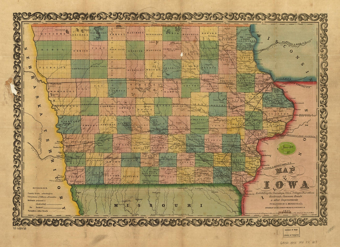 This old map of Map of Iowa Exhibiting the Townships, Cities, Villages Post Offices, Railroads, Common Roads &amp; Other Improvements from 1855 was created by Edward Mendenhall in 1855