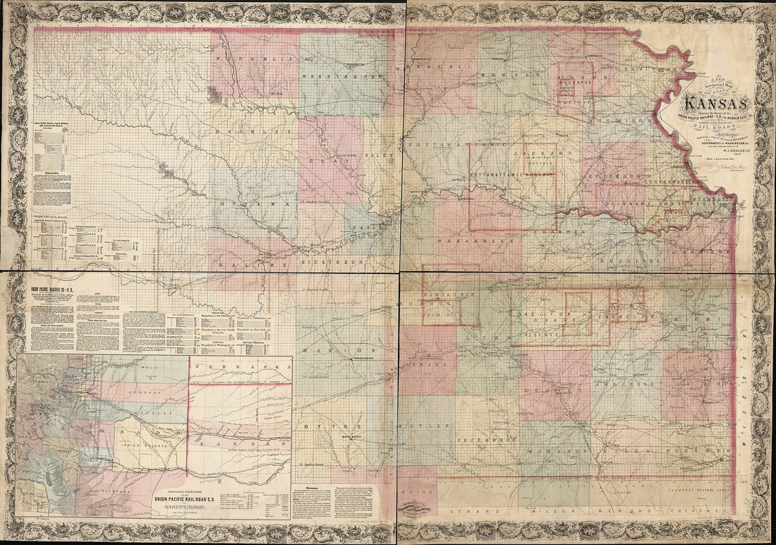 This old map of -E. D. to Denver City. Col. and Complete System of Projected Rail Roads. Information Compiled &amp; Collected from Departments of the Government at Washington, D.C. and Other Authentic Sources by W. J. Keeler, C. E. from 1867 was created by C