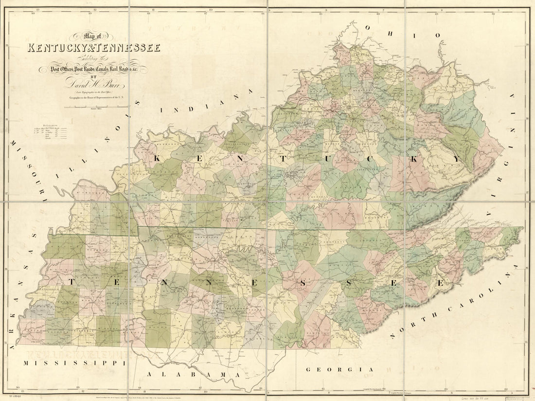 This old map of Map of Kentucky &amp; Tennessee Exhitibing the Post Offices, Post Roads, Canals, Rail Roads, &amp;c.; by David. H. Burr (Late Topographer to the Post Office,) Geographer to the House of Representatives of the U.S from 1839 was created by David H.