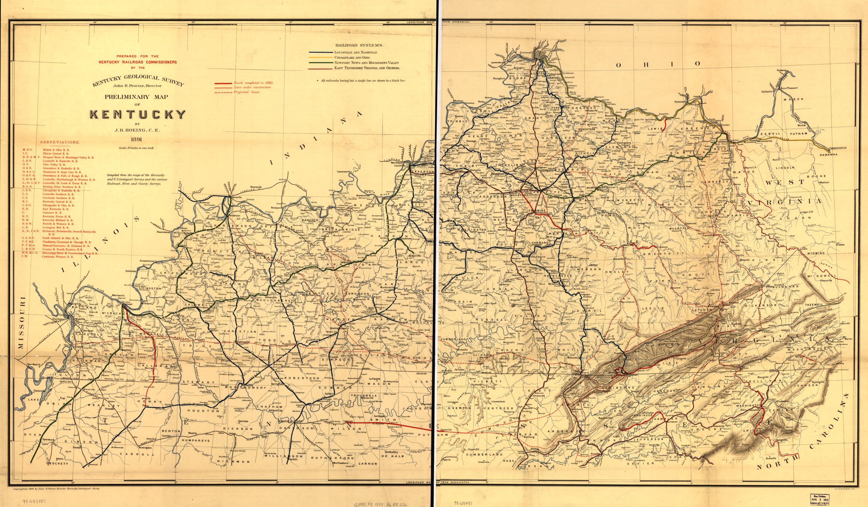This old map of Preliminary Map of Kentucky 1891. Prepared for the Kentucky Railroad Commissioners by the Kentucky Geological Survey, John R. Procter, Director from 1889 was created by Joseph Bernard Hoeing in 1889