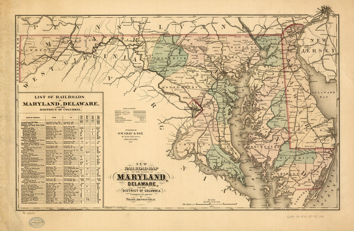 New Railroad Map of the State of Maryland, Delaware, and the District of Columbia. Compiled and Drawn by Frank Arnold Gray 1876 by Relic Map Company