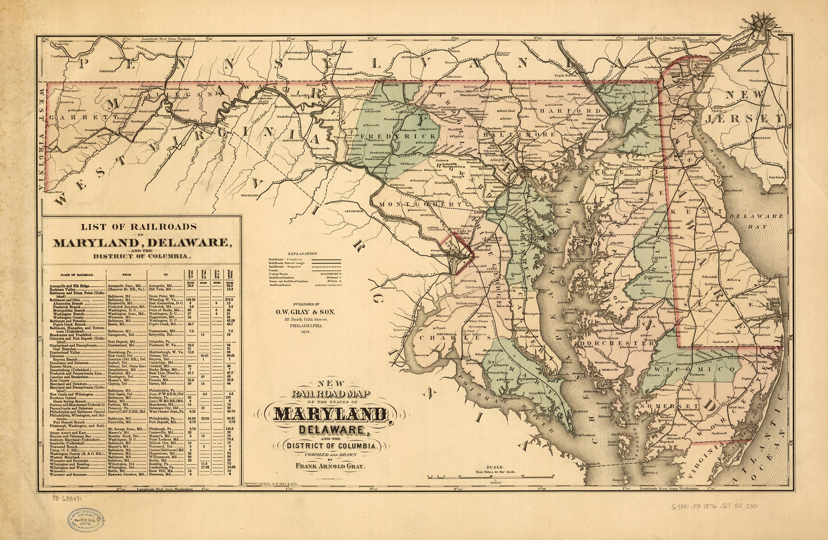 This old map of New Railroad Map of the State of Maryland, Delaware, and the District of Columbia. Compiled and Drawn by Frank Arnold Gray from 1876 was created by Frank Arnold Gray in 1876