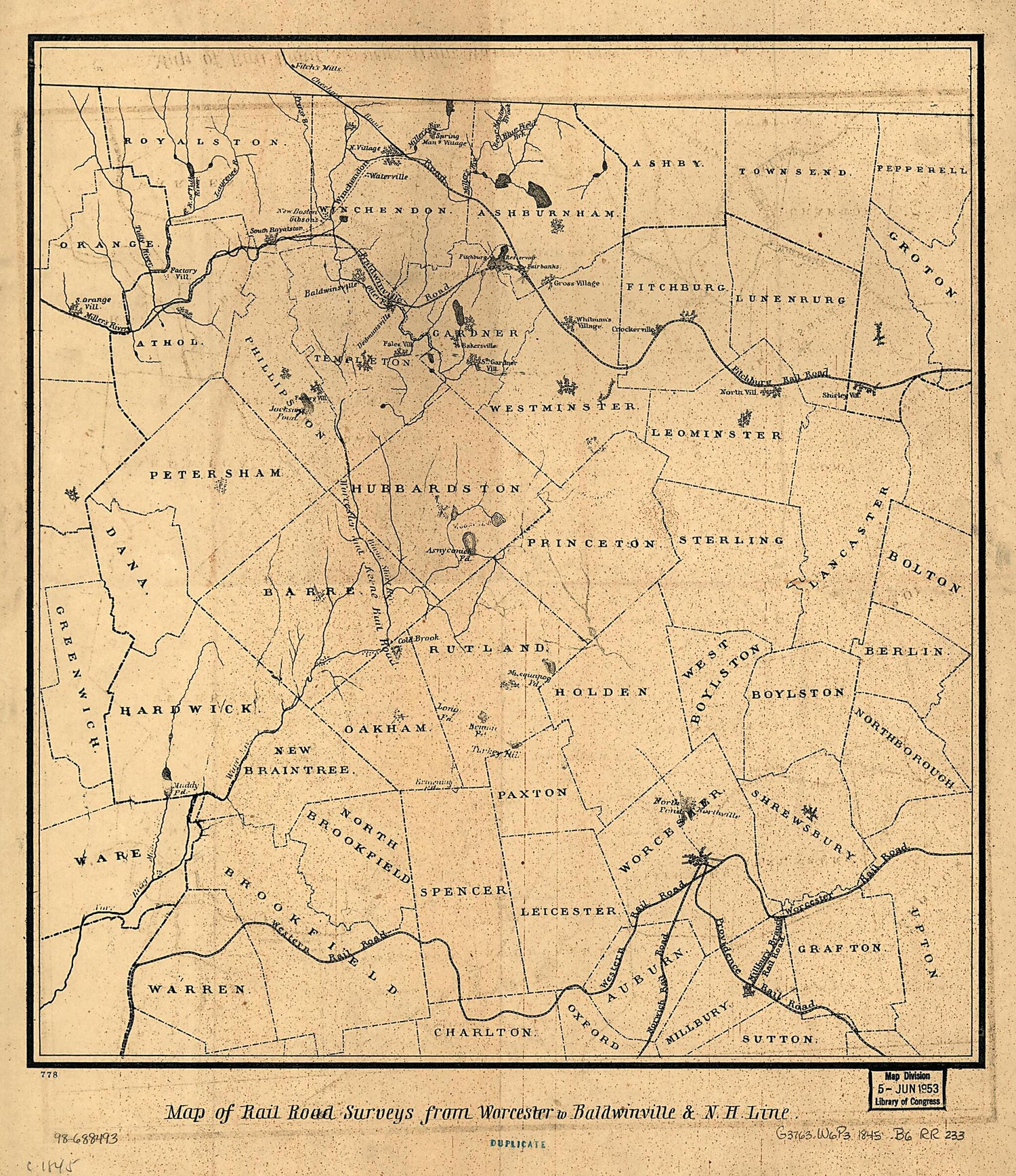 This old map of Map of Rail Road Surveys from Worcester to Baldwinville &amp; N.H. Line from 1845 was created by Elisha W. Bouvé in 1845