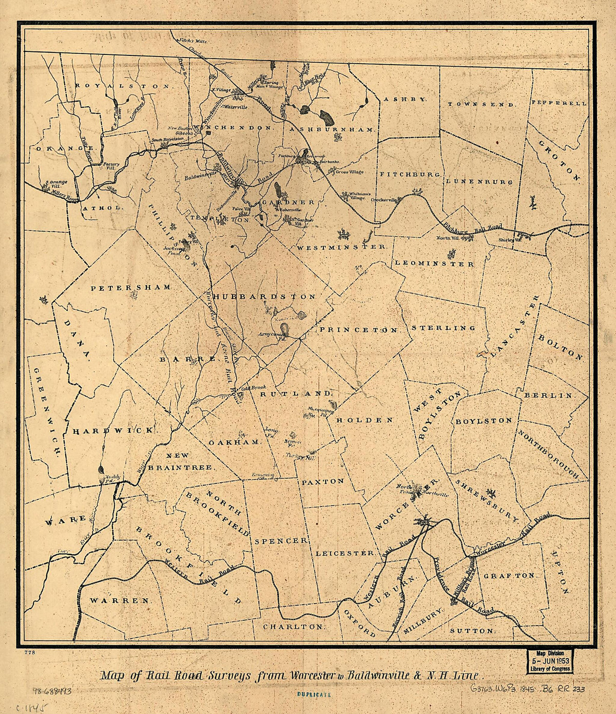 Map of Rail Road Surveys from Worcester to Baldwinville &amp; N.H. Line 1845 by Relic Map Company